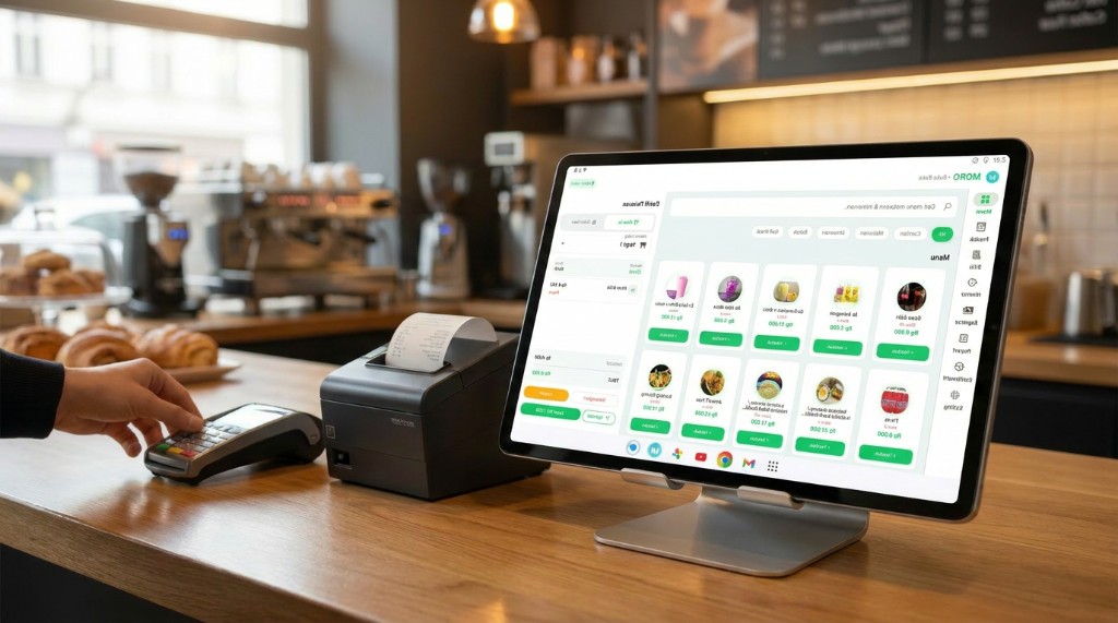 Setup kasir MORO di outlet kafe — tablet, printer struk, dan terminal pembayaran